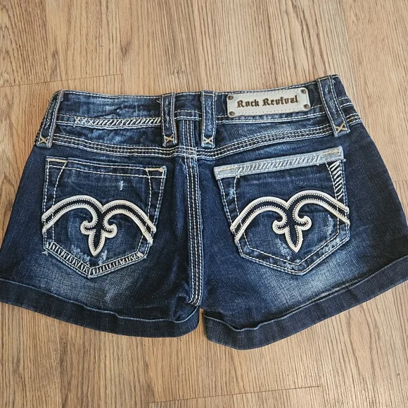 Rock Revival Dark Blue Distressed Denim Jean Shorts - Picture 2 of 4
